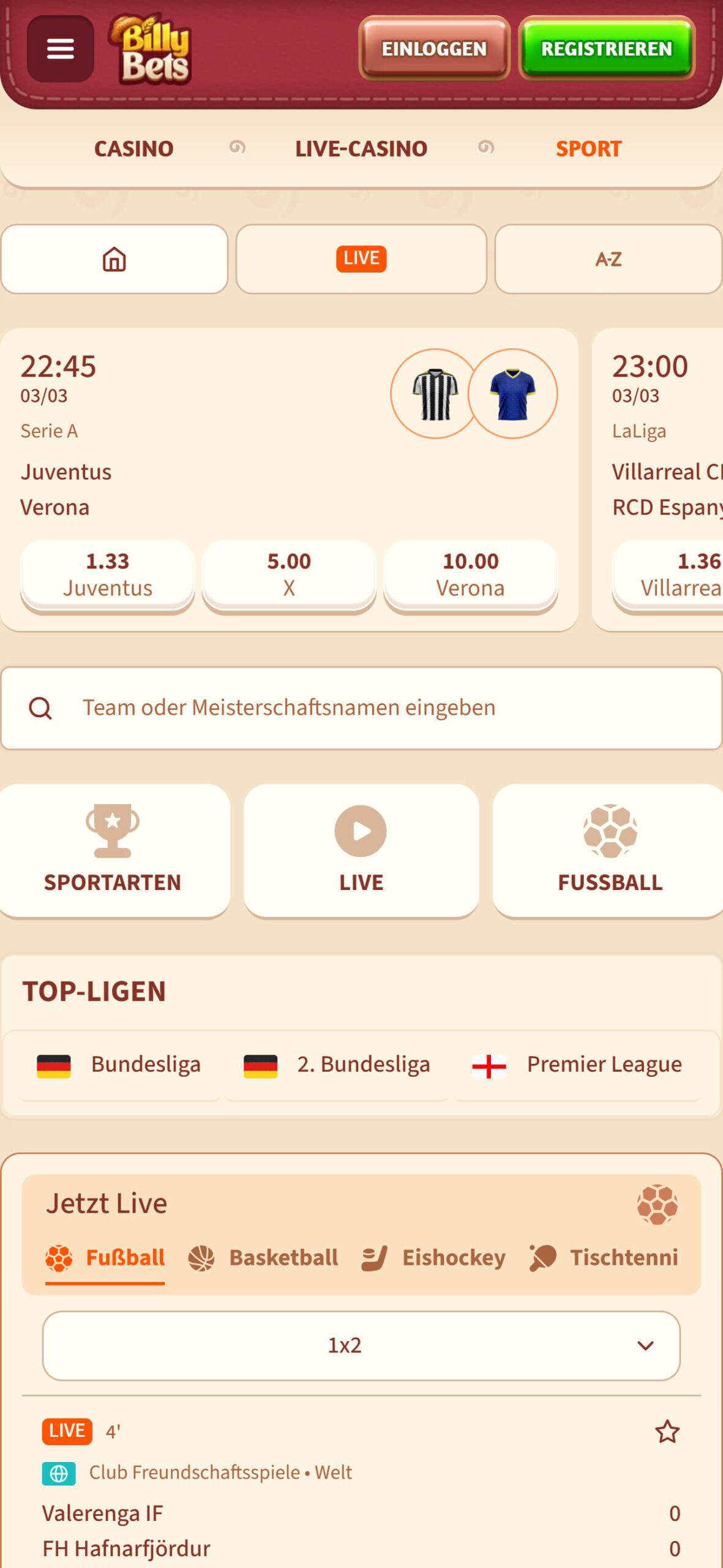 BillyBets Bookmaker - Sport Betting in Switzerland (mobile screen)