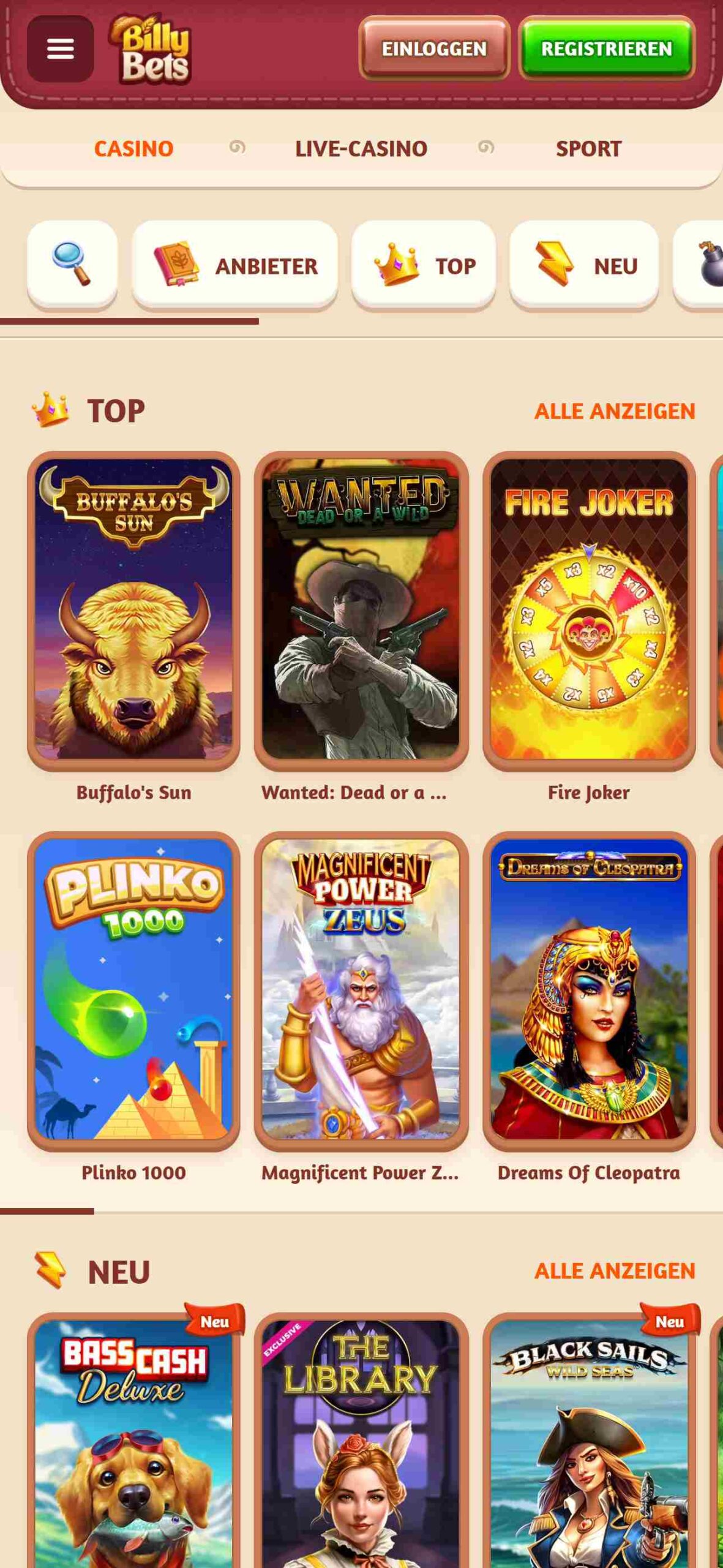 BillyBets Casino Switzerland (mobile screen)