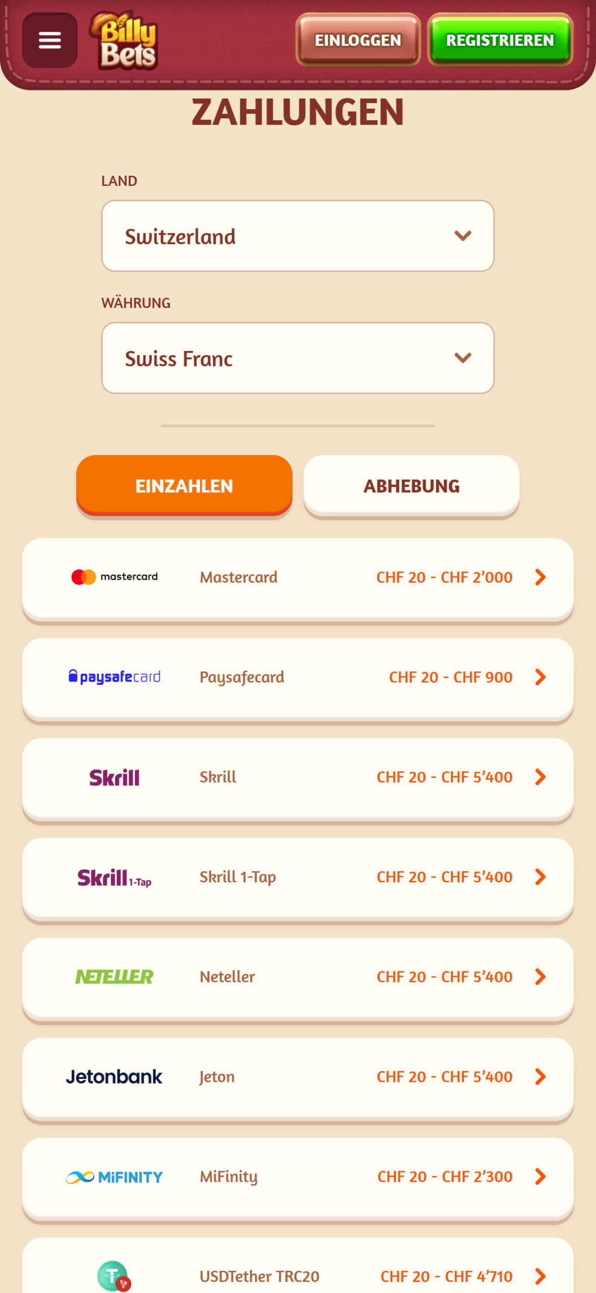 BillyBets Payments in Switzerland (mobile screen)