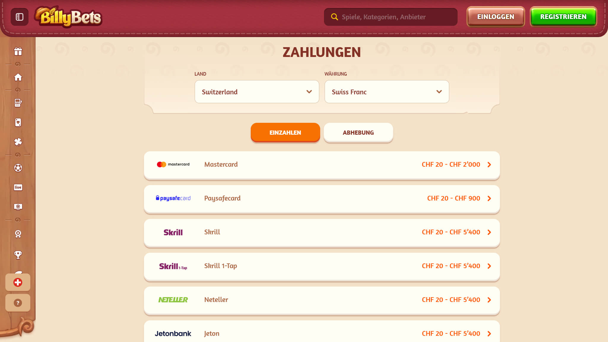 BillyBets Payments in Switzerland
