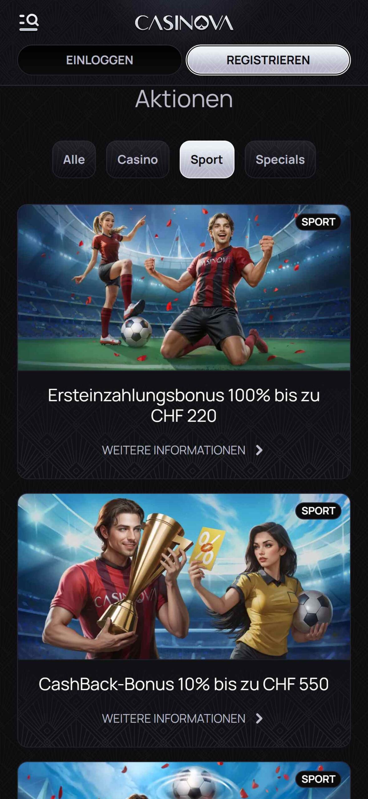 Casinova Bookmaker - Bonuses in Switzerland (mobile screen)