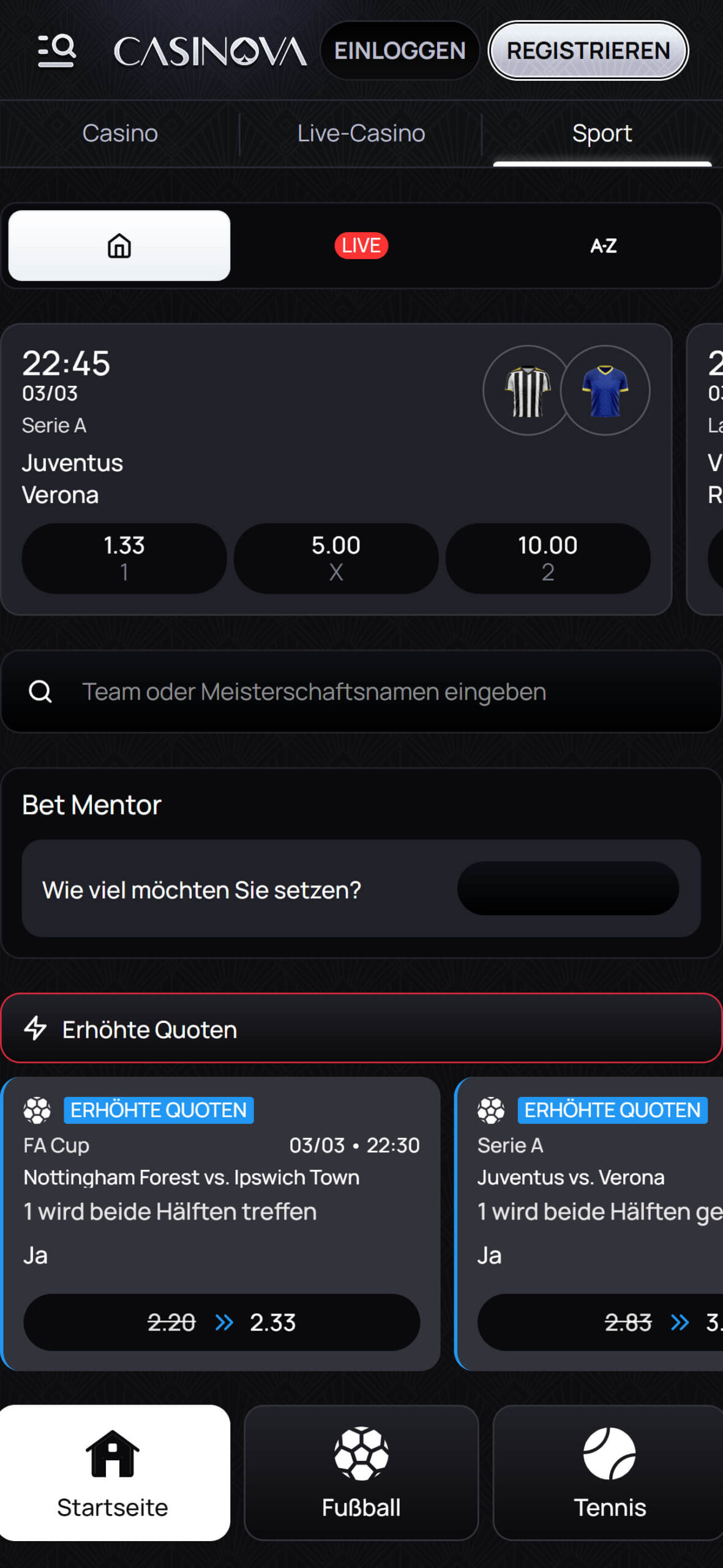 Casinova Bookmaker - Sport Betting in Switzerland (mobile screen)