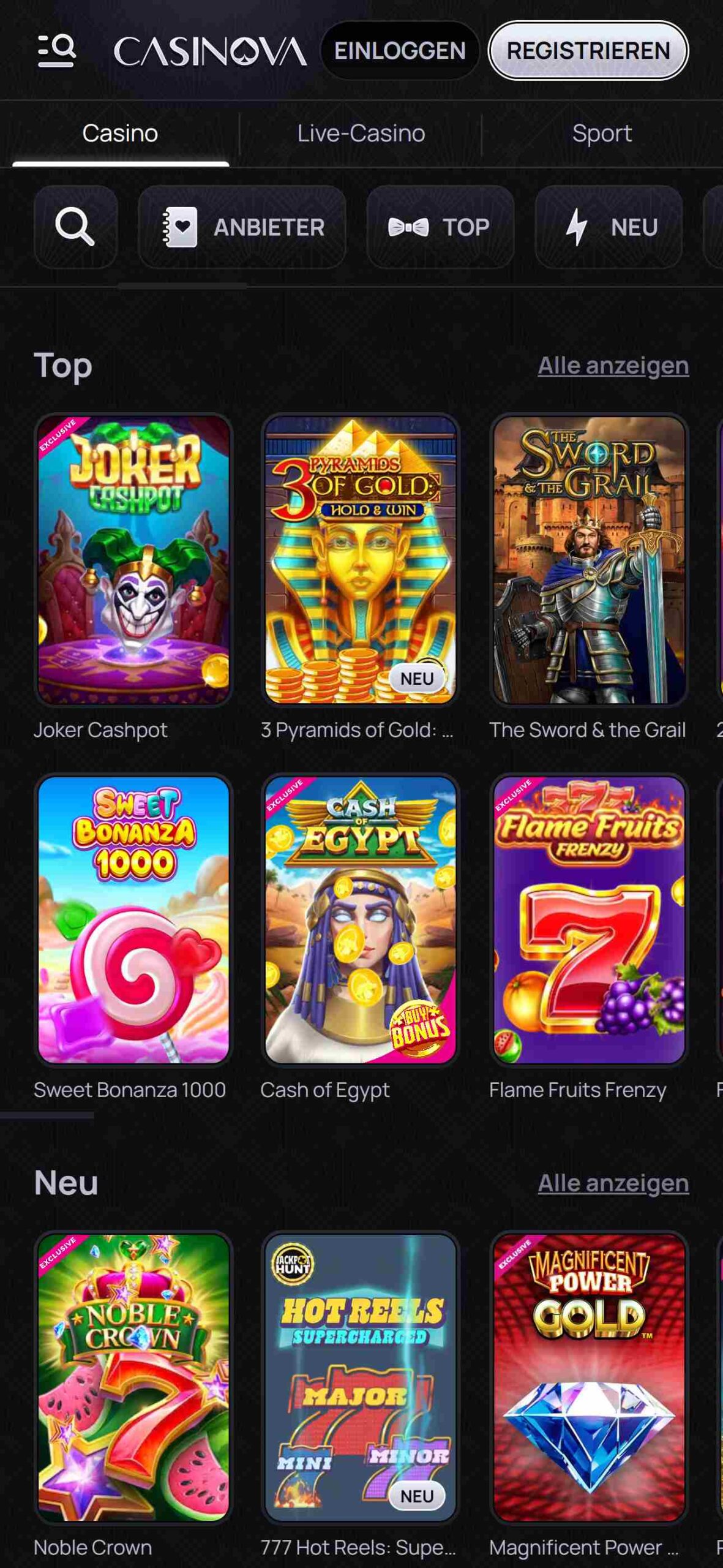 Casinova Casino Switzerland (mobile screen)