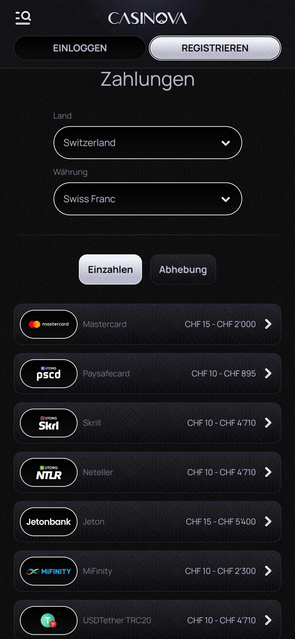 Casinova Payments (mobile screen)