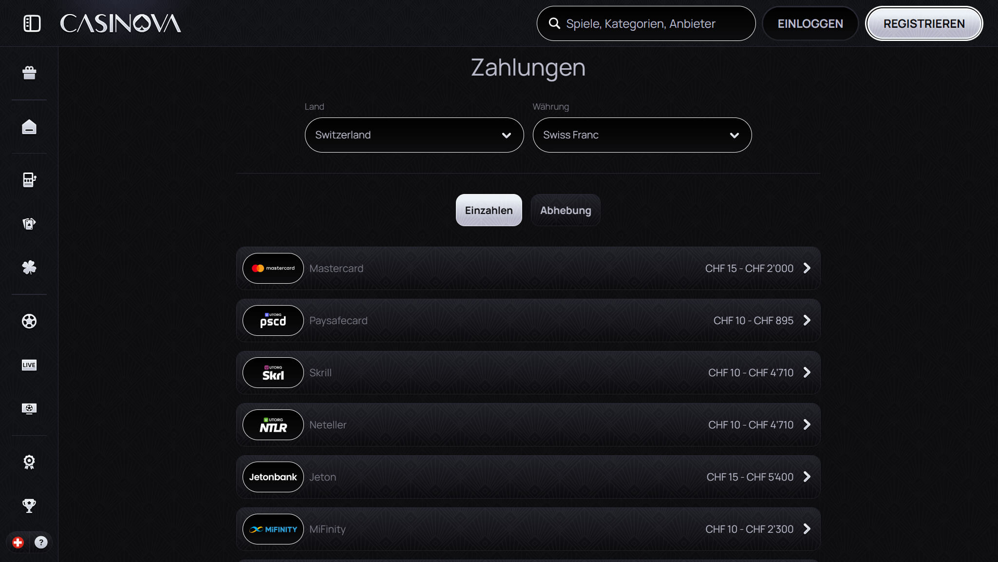 Casinova Payments Switzerland