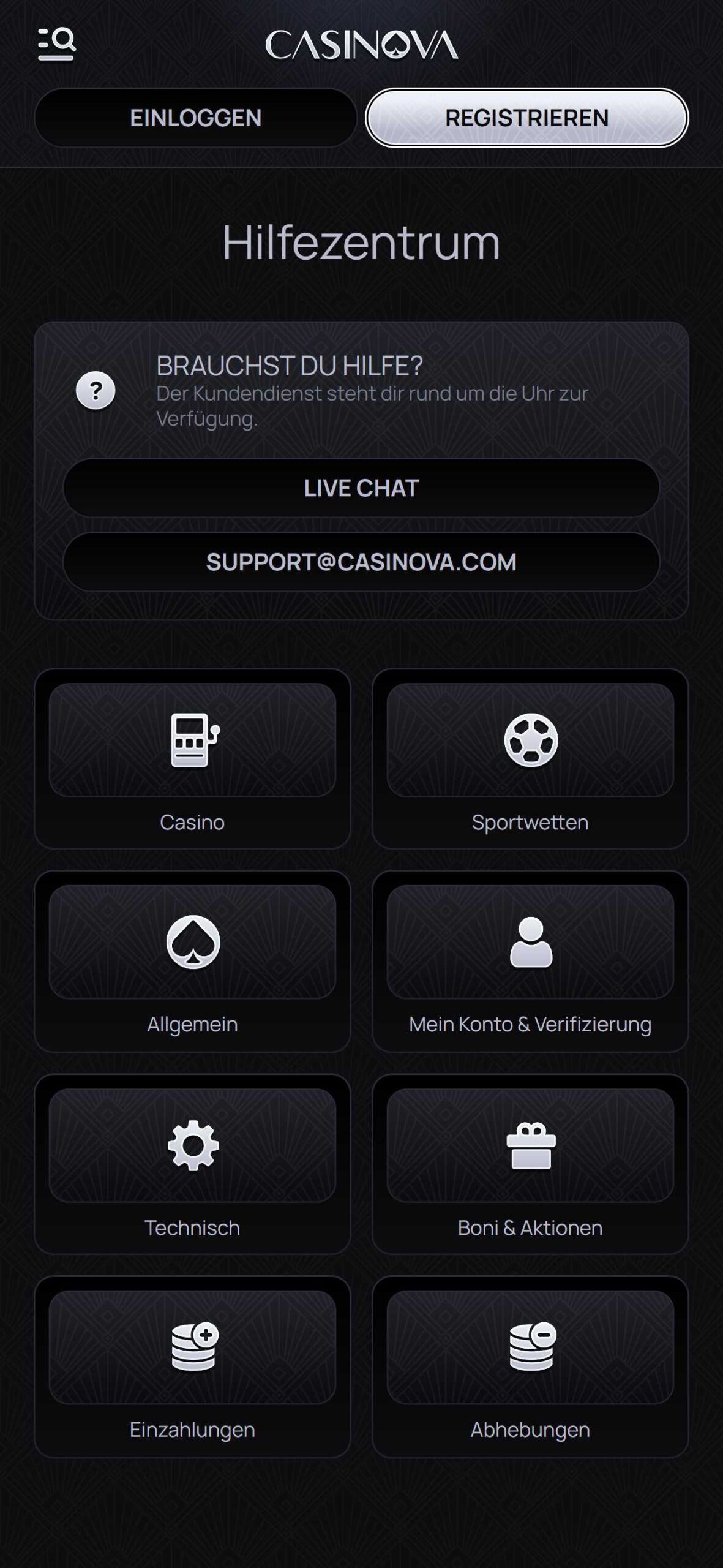 Casinova - Support Switzerland (mobile screen)