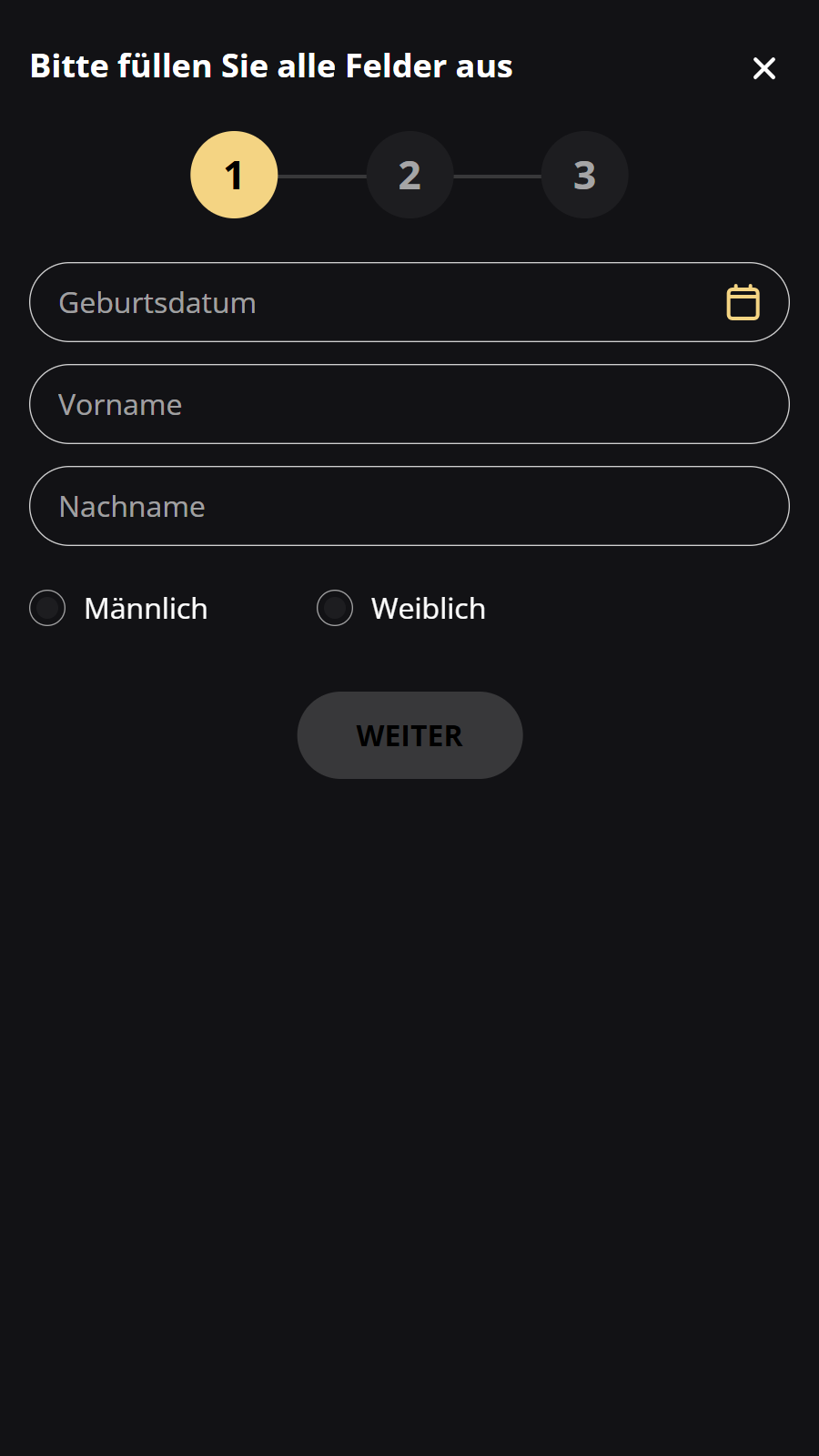 Geburtsdatum auswählen sowie weitere Daten: