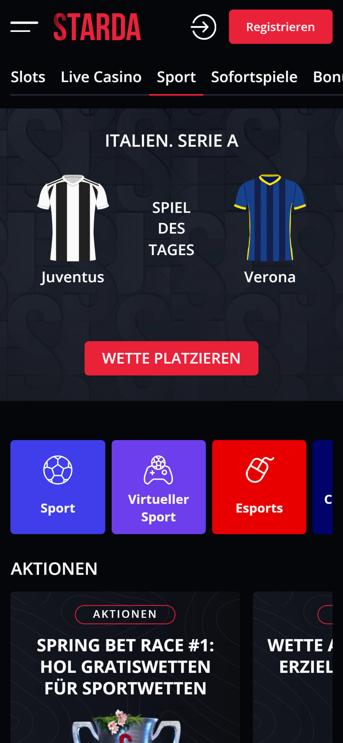 Starda Sport Betting in Switzerland (mobile screen)